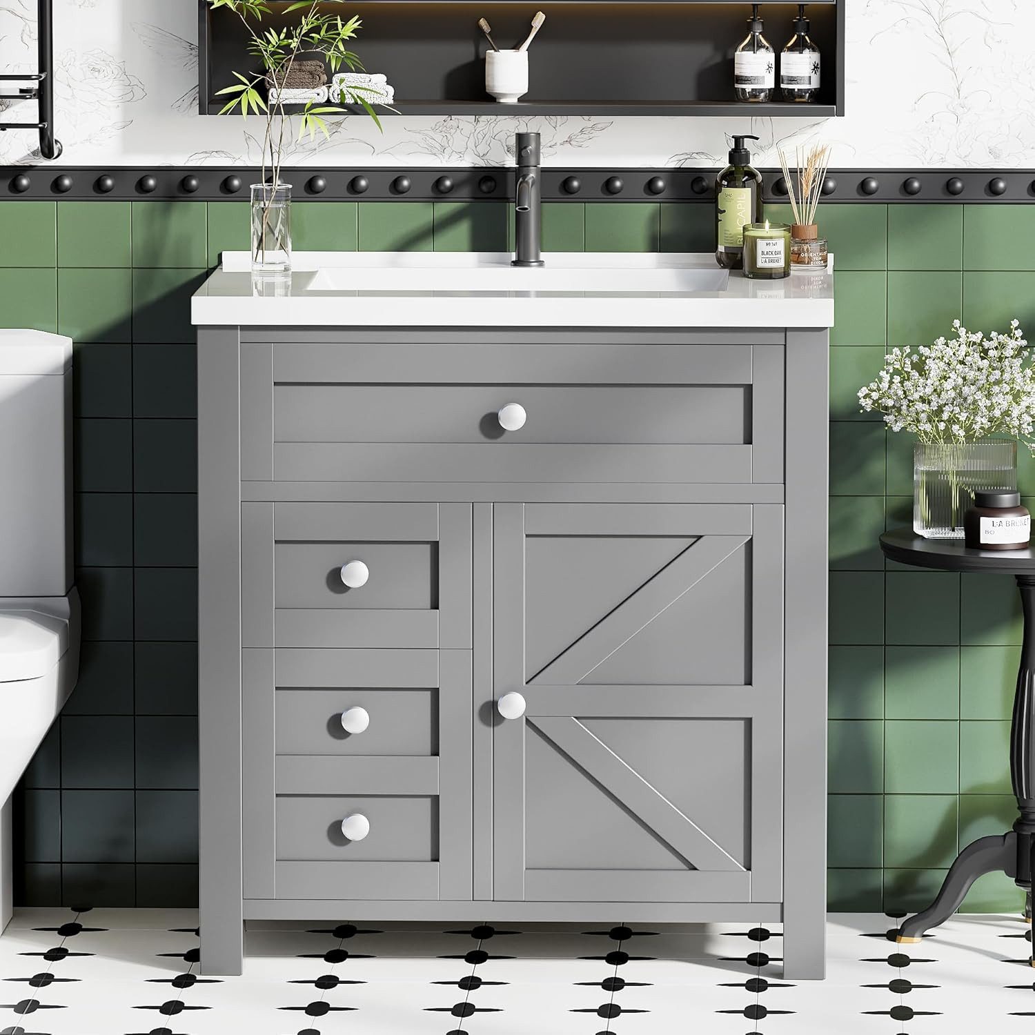 30” Grey Bathroom Vanity with Sink, Drawers & Metal Handles, Freestanding