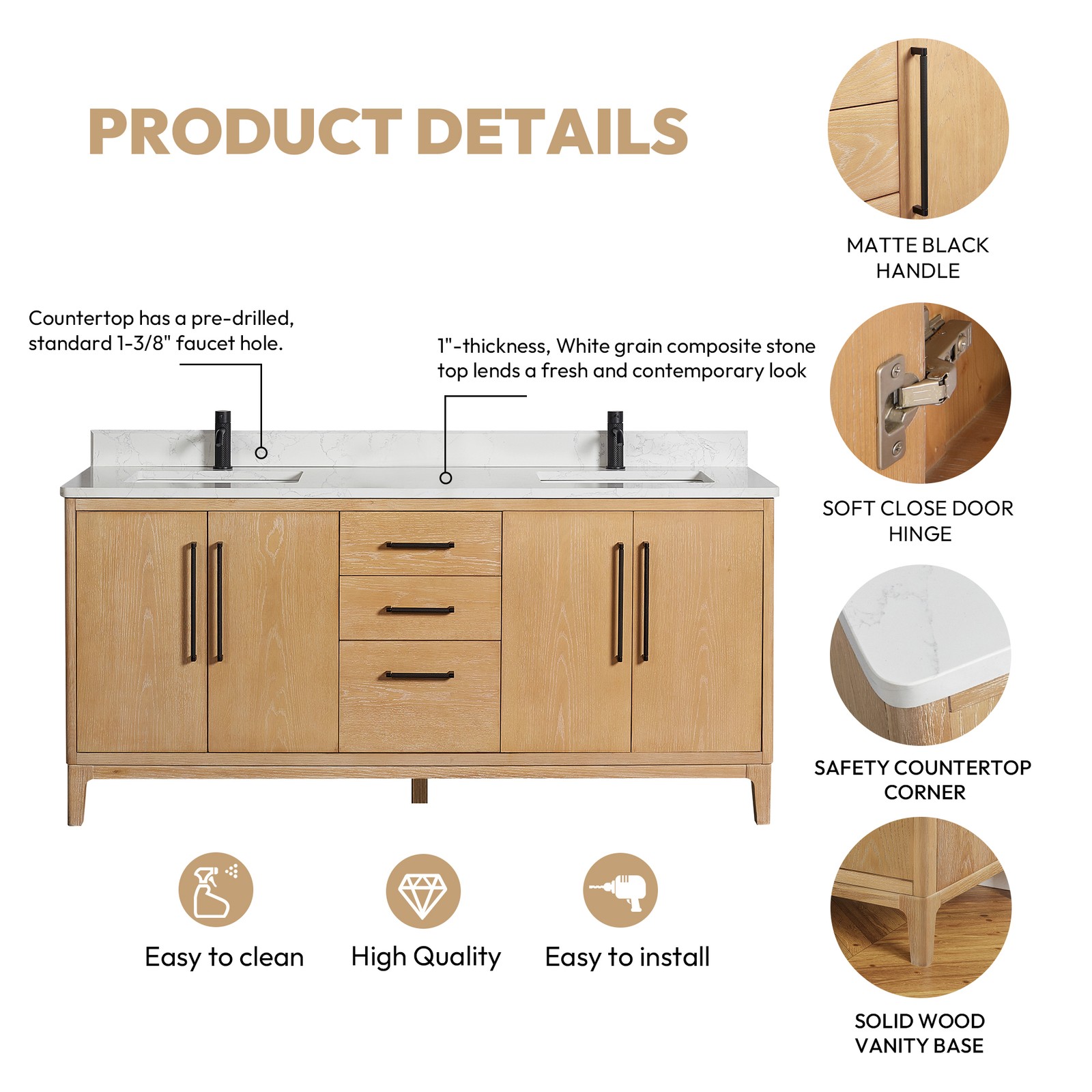 Gara 72″ Double Bath Vanity in Washed Ash Grey with White Grain Composite Stone