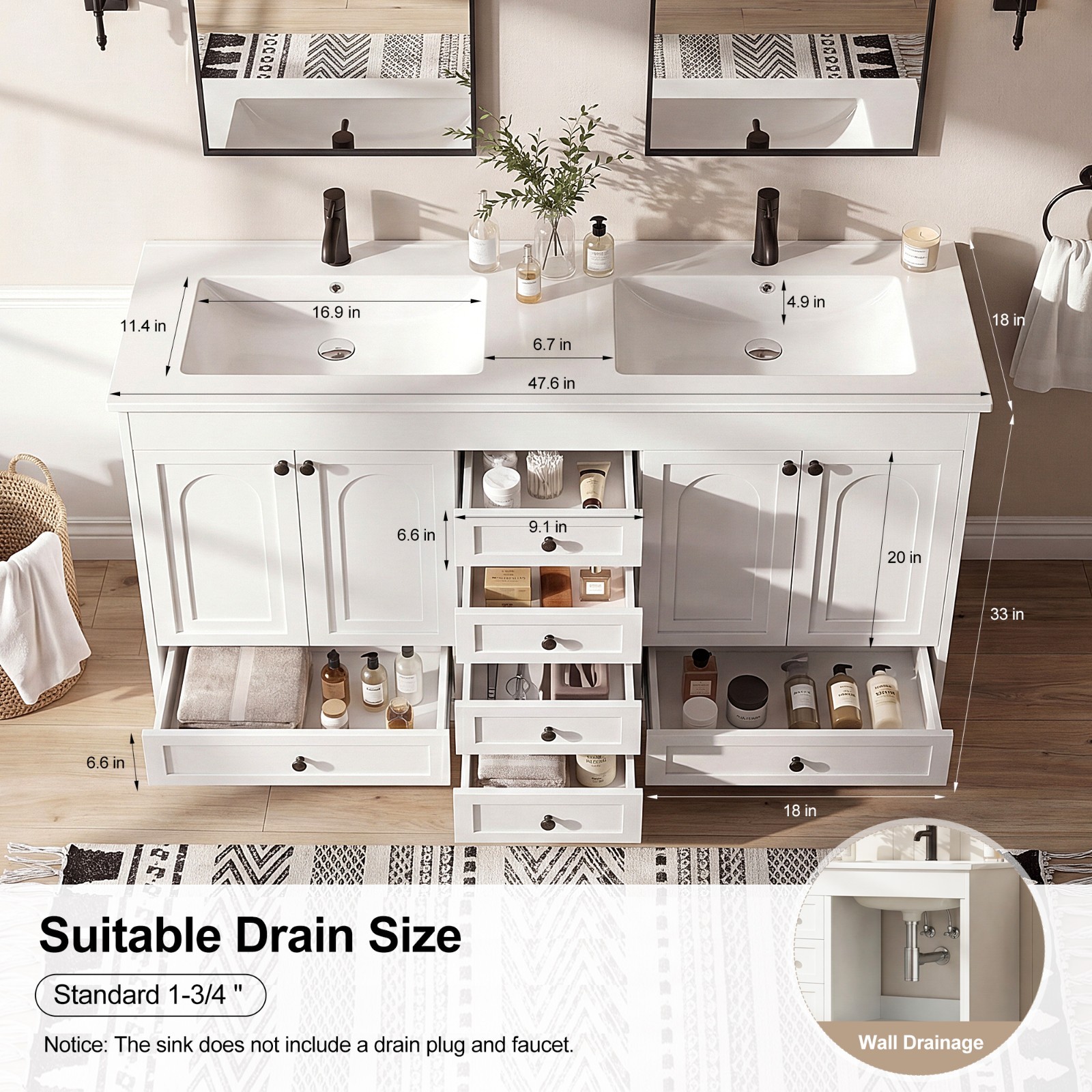 Double Sink Bathroom Vanity Cabinet Freestanding White Bathroom Storage Vanity