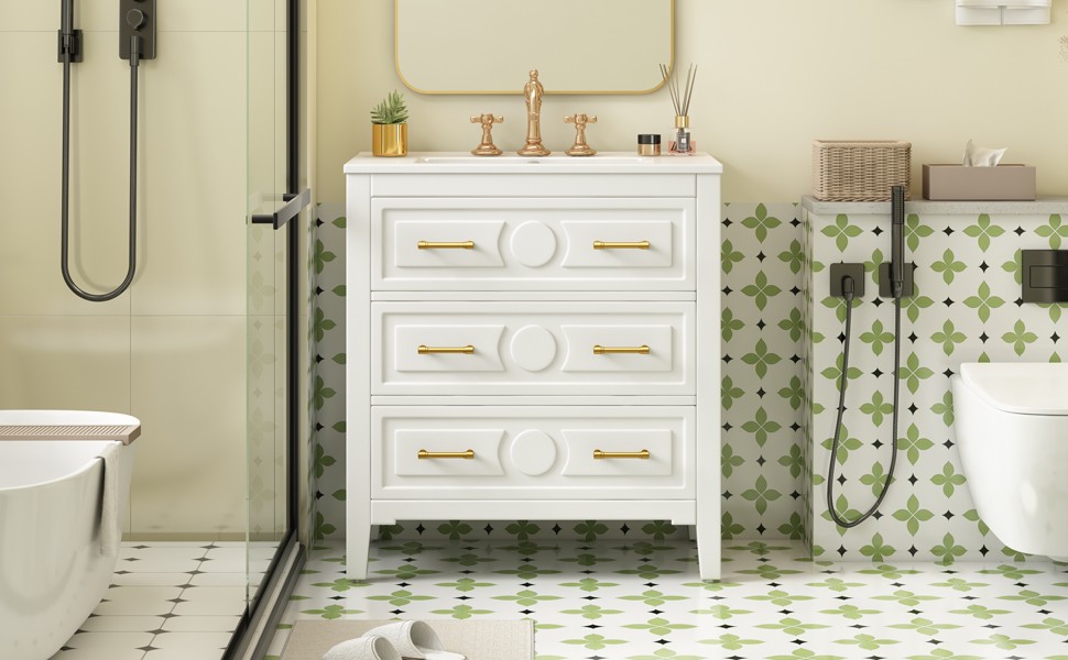 White 30″ Free Standing Bathroom Vanity w/ Ceramic Sink & 3 Drawers, Solid Wood