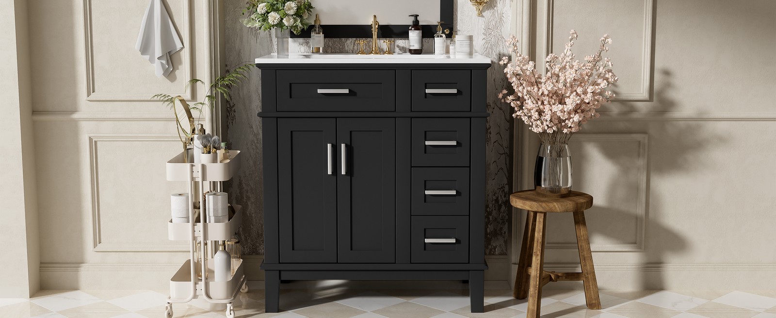 30″ Bathroom Vanity with Ceramic Sink, Soft-Close Doors & Drawers