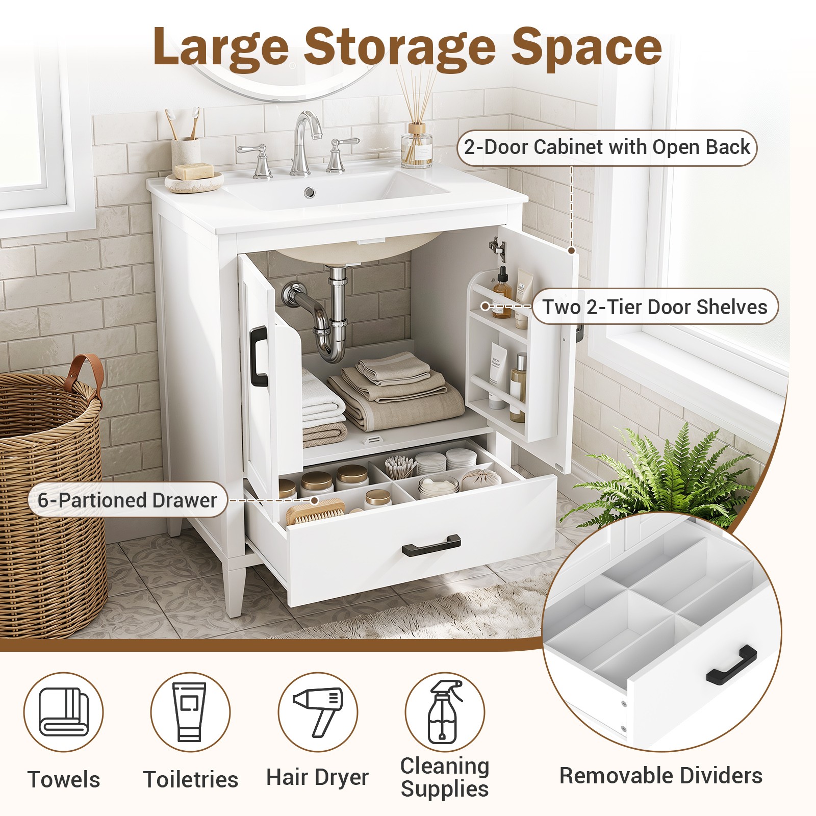 24.5” Modern Bathroom Vanity w/Sink, 2 Doors & Drawer, Rubber Wood Legs, White