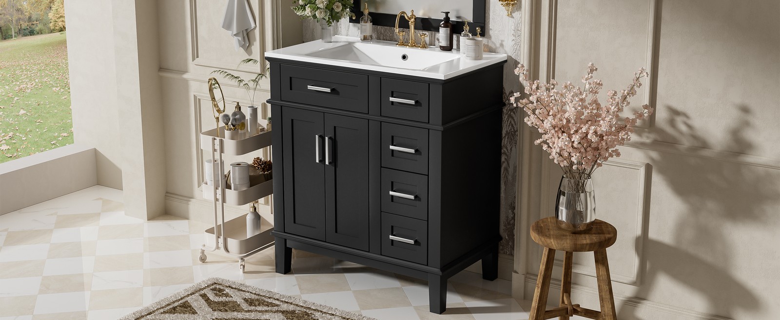 30″ Bathroom Vanity with Ceramic Sink, Soft-Close Doors & Drawers