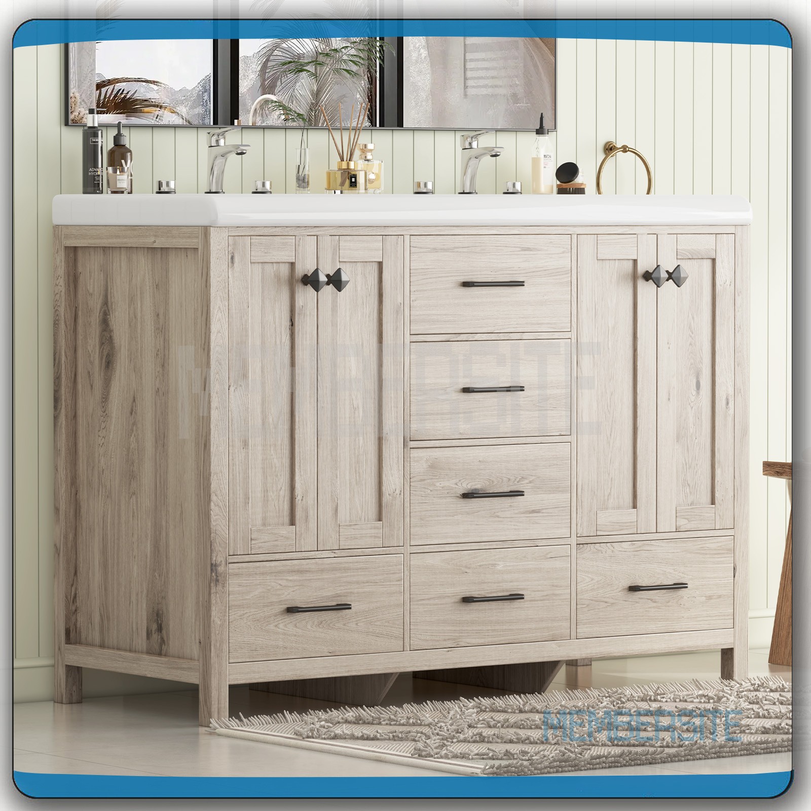 Bathroom Vanity ,47.3″ Vanity Top w/2 Ceramic Sinks ,5 Drawers Freestanding NEW