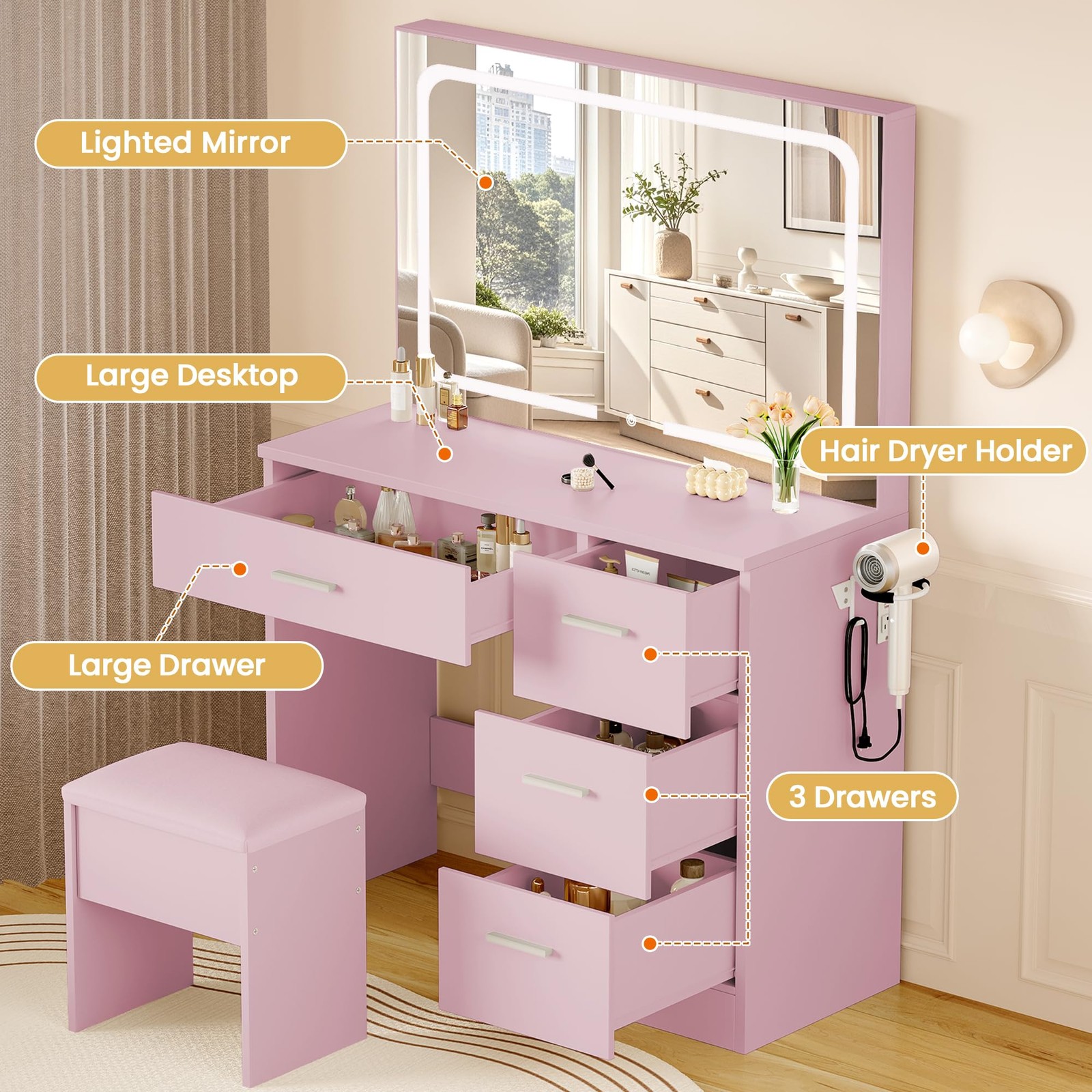 Vanity Set with Mirror Power Outlet Vanity Table Bedroom Pink