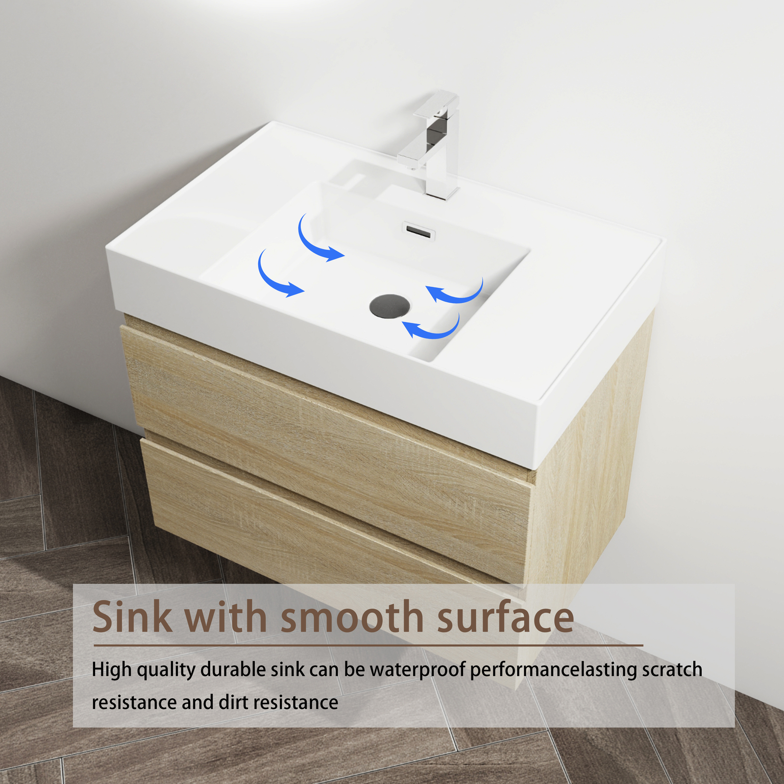 30″ Wood Wall-Mounted Bathroom Vanity Cabinet W/ Resin Sink 2 Drawers Light Oak