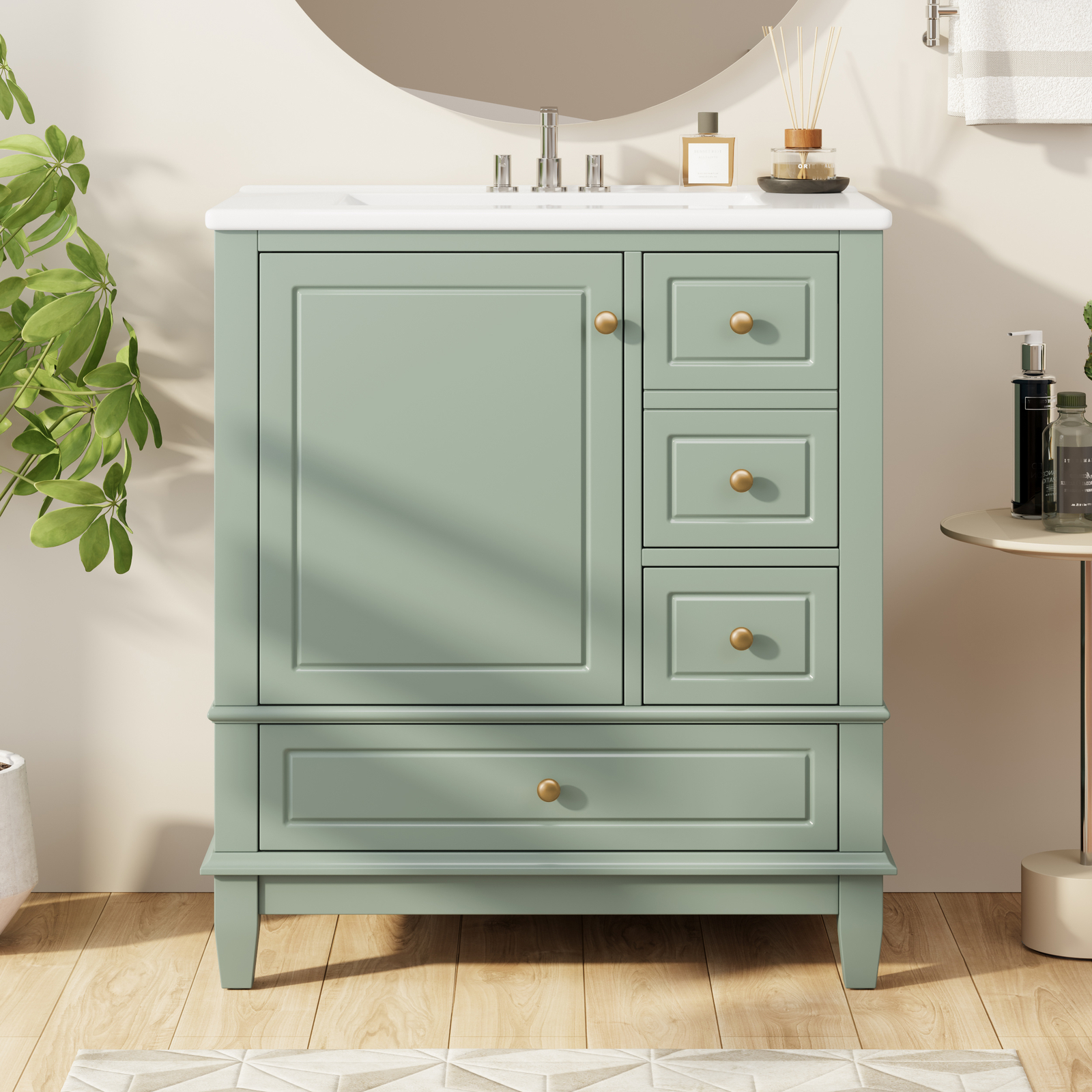 30″ Bathroom Vanity w/Ceramic Sink Freestanding Solid Wood Storage Cabinet Shelf