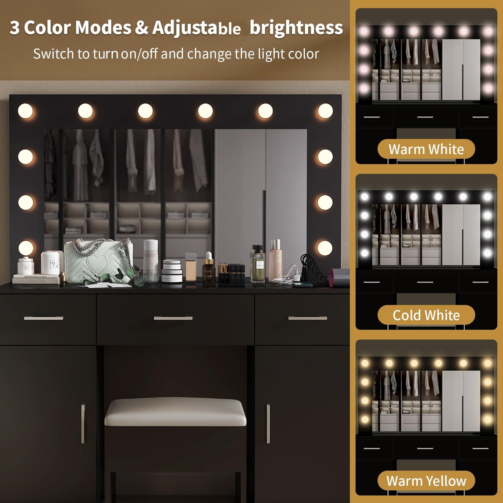 Makeup Vanity Mirror Light Charger 2 Cabinet 3 Drawer Glass Top Stool 3 Colors