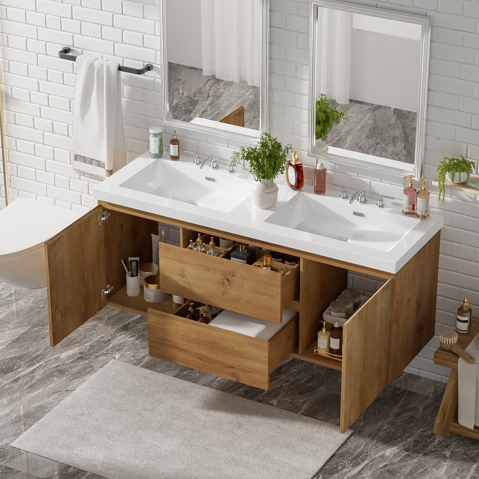 59.3″ Wall-Mounted Double Sink Bathroom Vanity with SMC Top, MDF Cabinet Wood