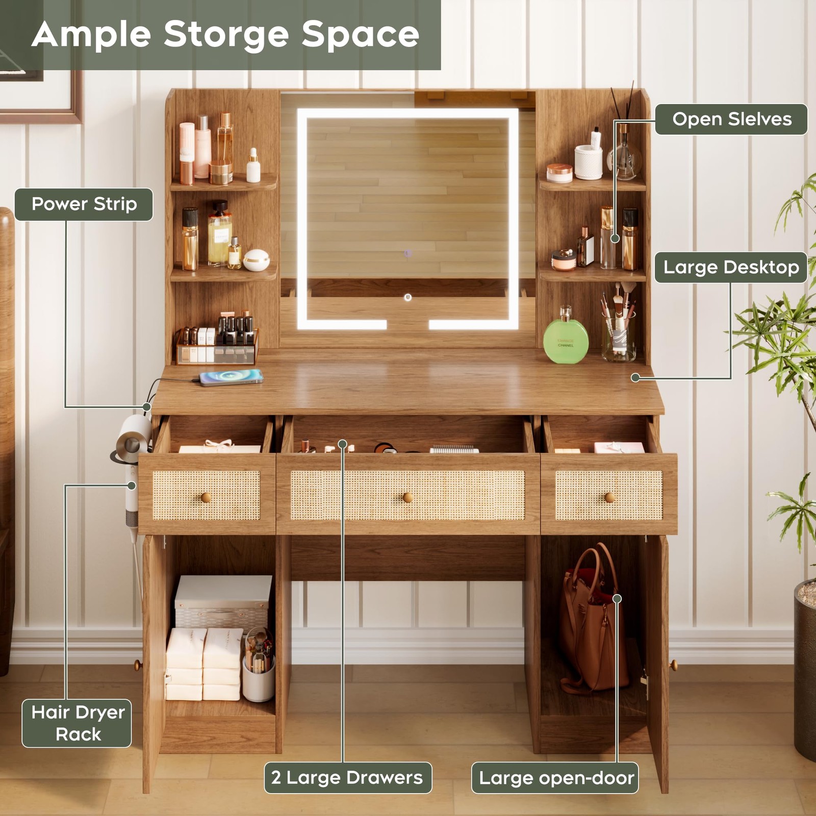 43″ Boho Vanity Desk w/ LED Mirror & Power Strip Rattan Drawers Shelves Cabinet