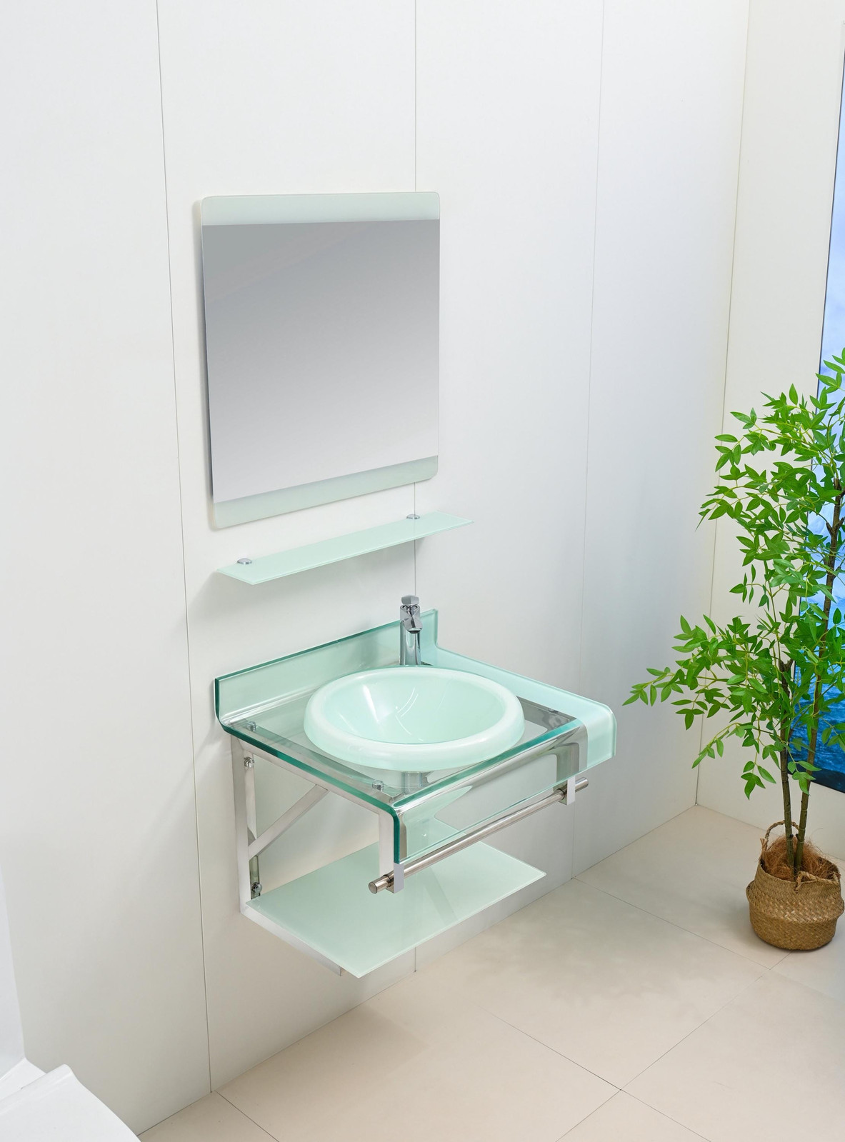 24″WHITE Tempered Glass Bathroom Vanity Floating Sink backsplash Mirror combo