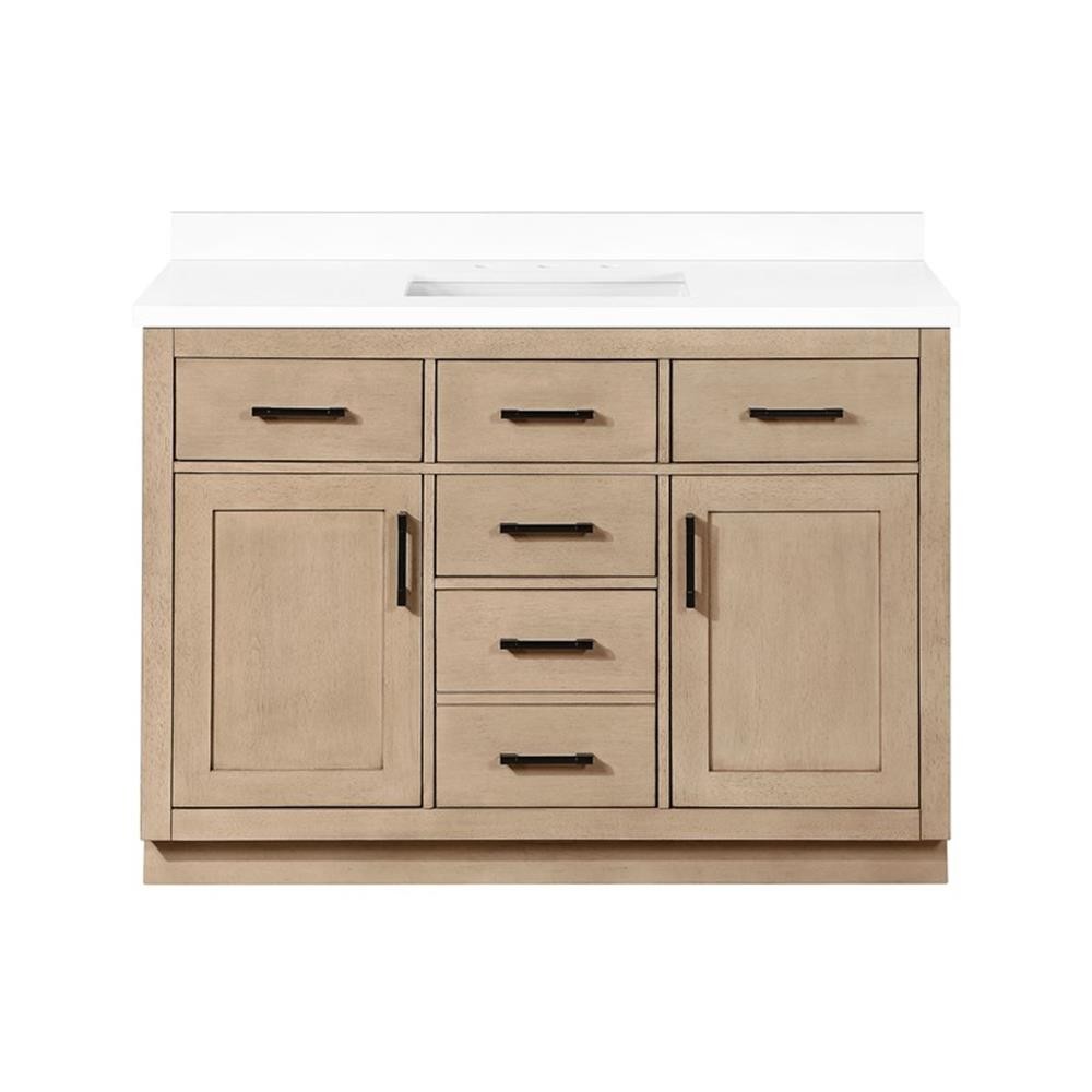 Pemberly Row 48″ Bathroom Vanity in Sahara Birch with White Countertop
