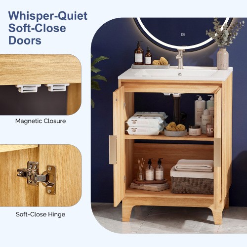 24″ Fluted Vanity Free Standing Bathroom Storage Cabinet with Sink Combo Set