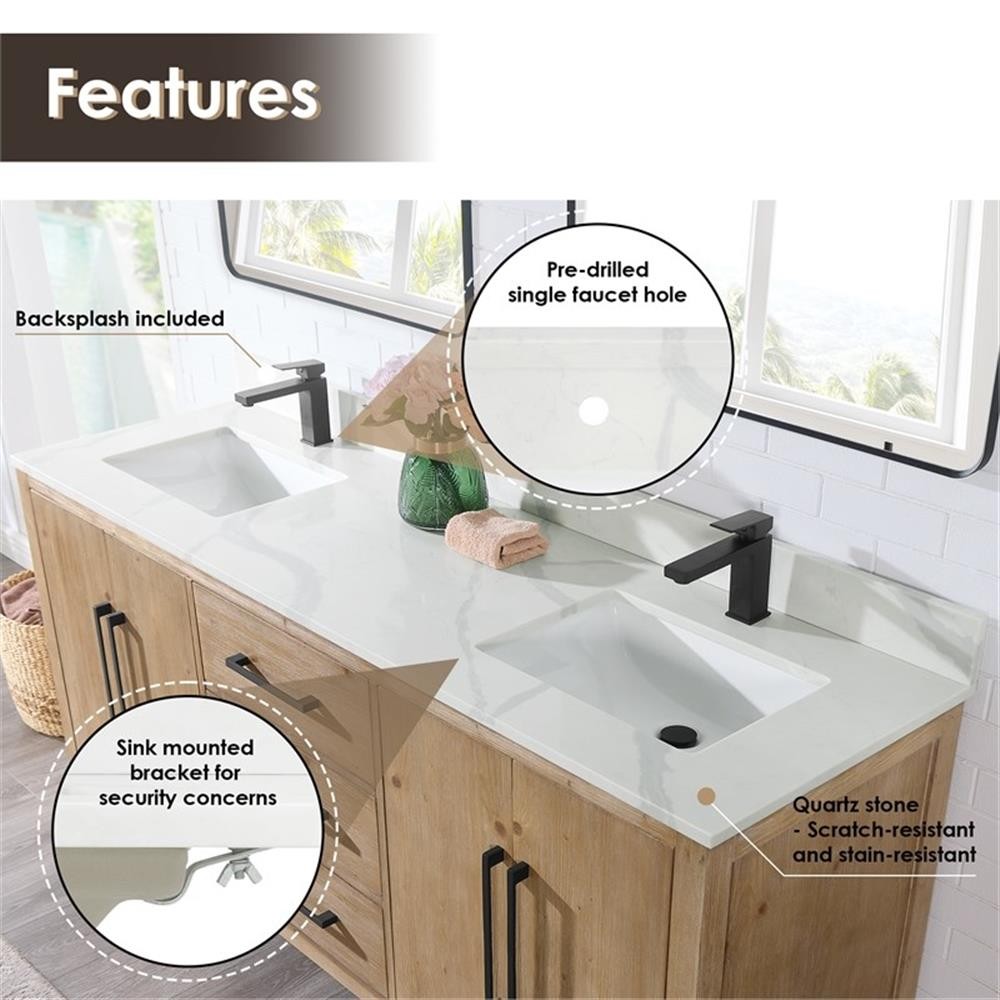 Laurel 72″ Wood Vanity in Weathered Fir Calacatta White Quartz Top with Mirror