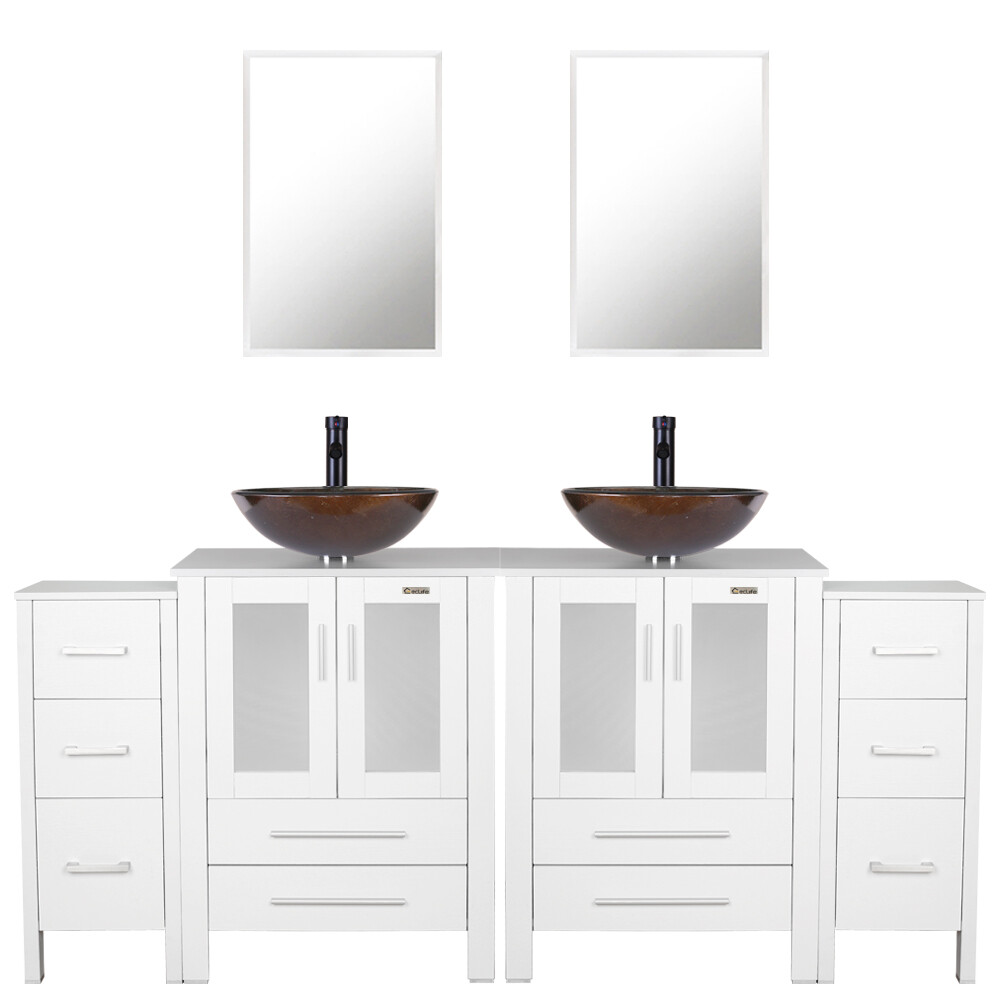 72″ Bathroom Vanity Set White Small Cabinet Combo W/ Vessel Glass Sink No Mirror