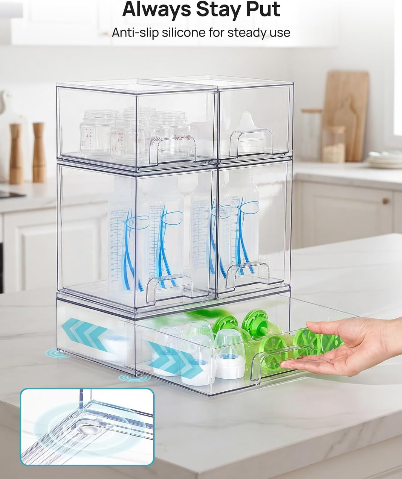 Stackable Storage Drawers Set of 5 Clear Plastic Organizer Bins for Bathroom