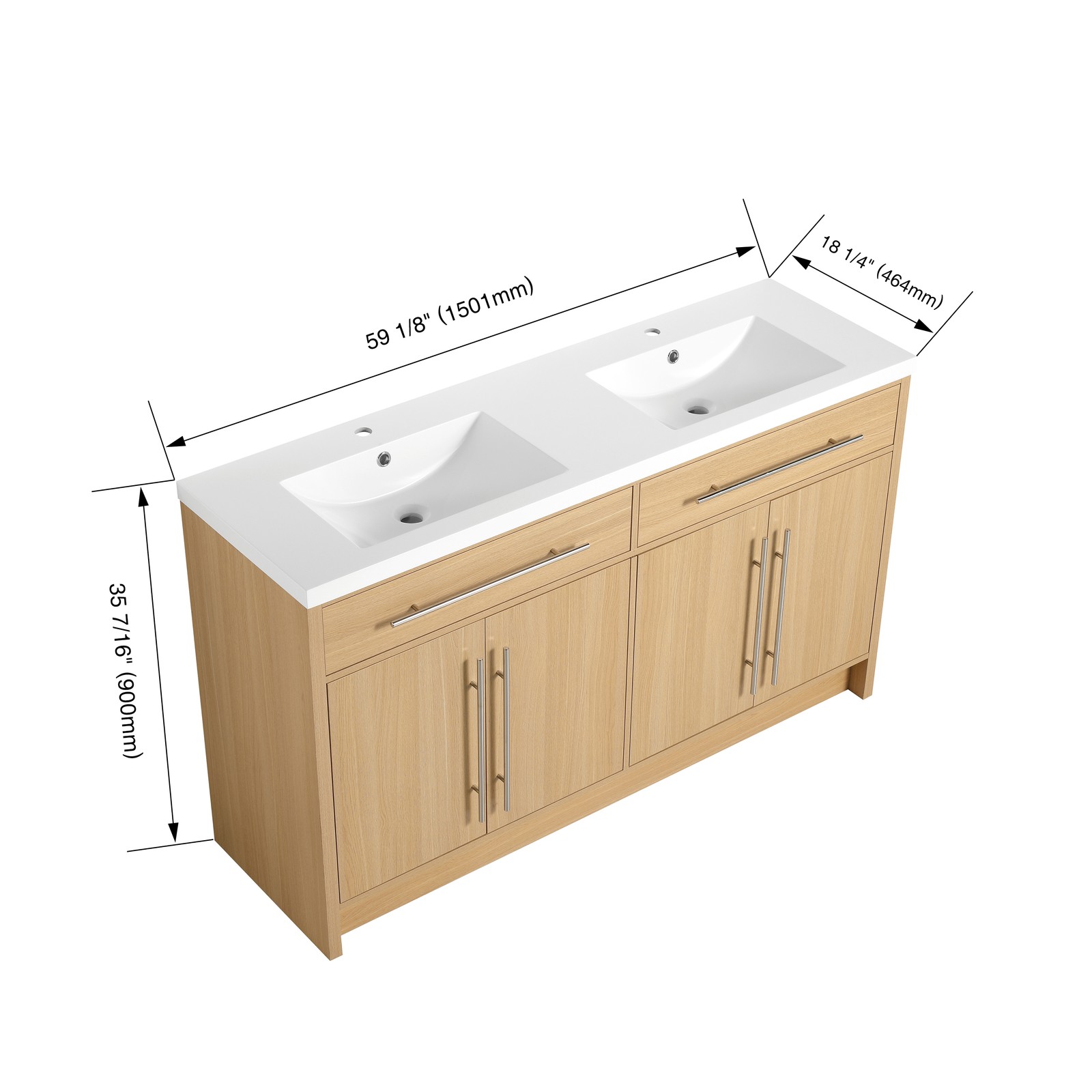60 inch Plywood Bathroom Vanity Freestanding Double Resin Sink Storage W/2 Doors