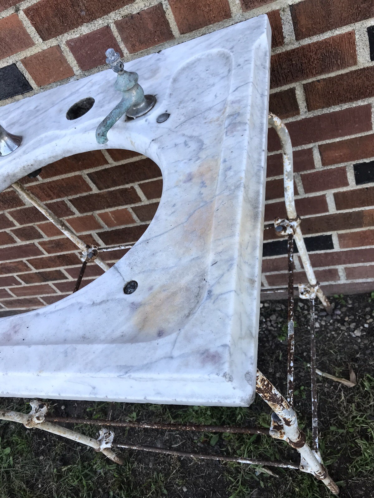 ANTIQUE VTG IRON VANITY WITH MARBLE TOP BATH SINK STAND 24 WIDE X 22 DEEP X 32”