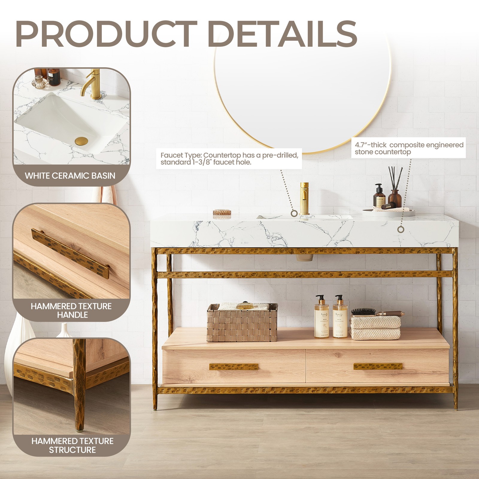 Dhaka 55″ Single Vanity in Yellow Bronze Metal Support with Composite Stone Top