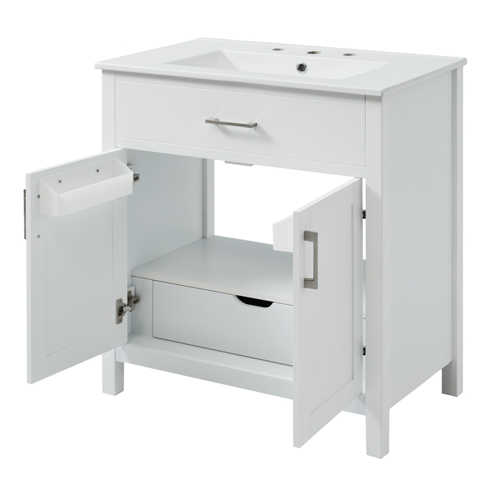 30-Inch Bathroom Vanity with Ceramic Sink, White, Solid Wood MDF
