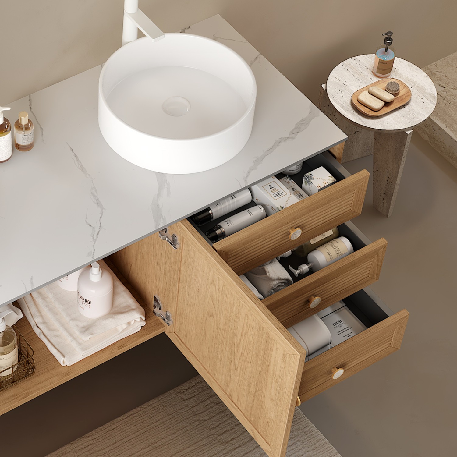 60″ Bathroom Vanity w/Double Ceramic Sink, Freestanding Vanity Cabinet,3 Drawers