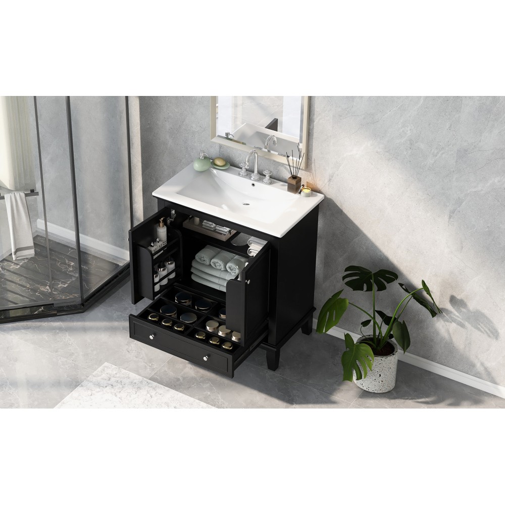 30 Inch Black Bathroom Vanity with Sink Combo Solid Wood MDF Bathroom Cabinet