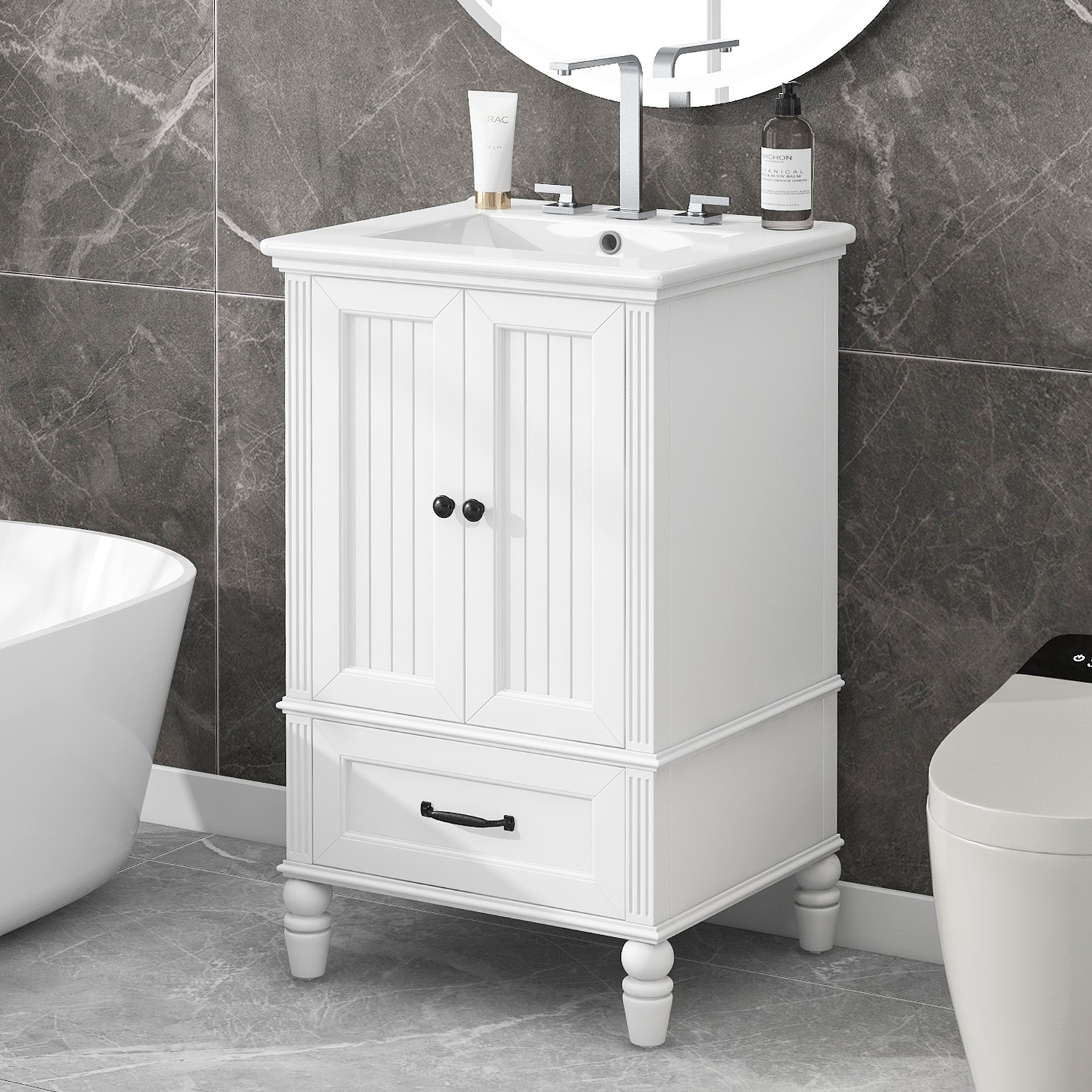 20″ Bathroom Vanity with Sink, Freestanding Bath Vanity Cabinet, Drawer, 2 Doors
