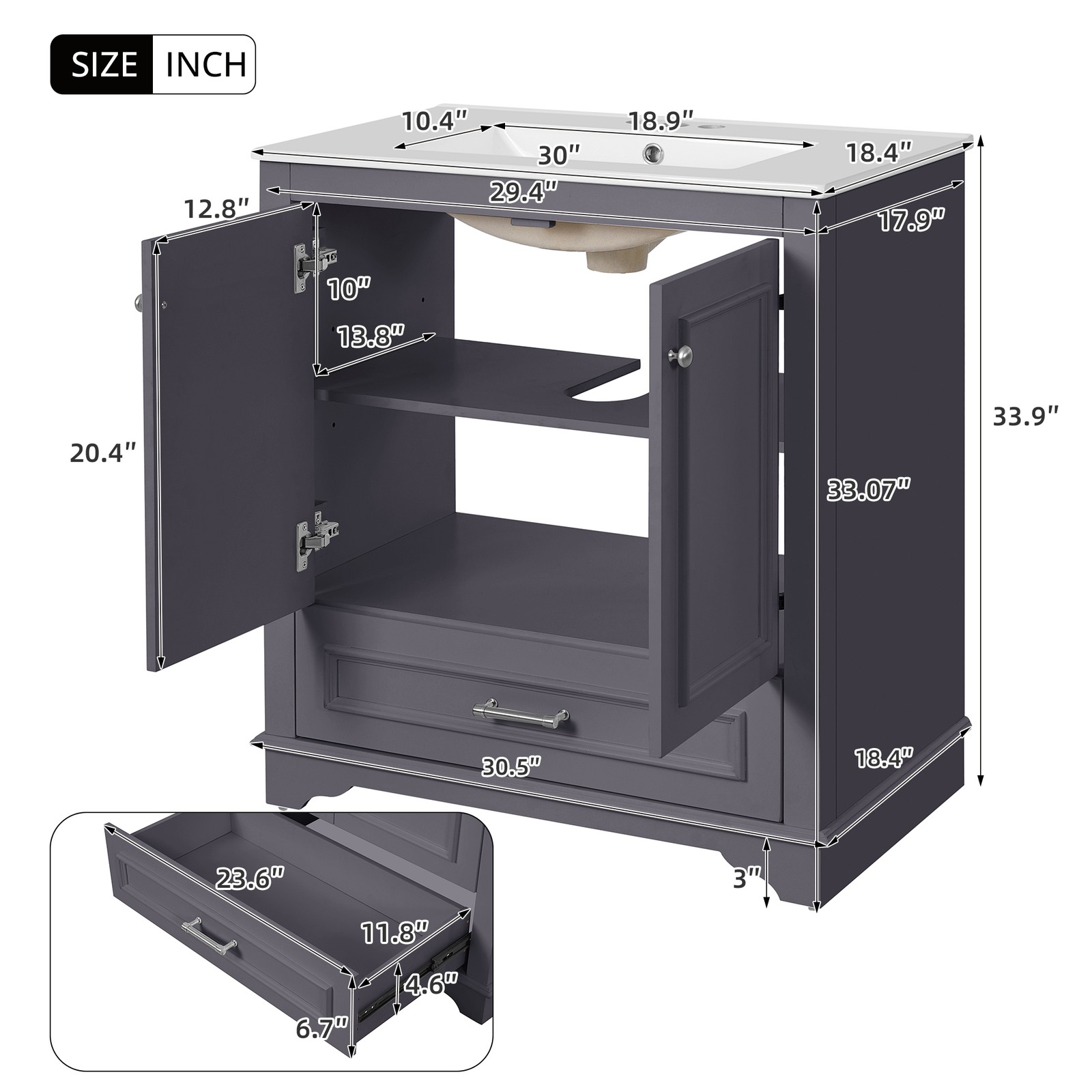 30.5″ Bathroom Vanity with Ceramic Sink, 2 Soft Close Doors, Solid Wood Frame