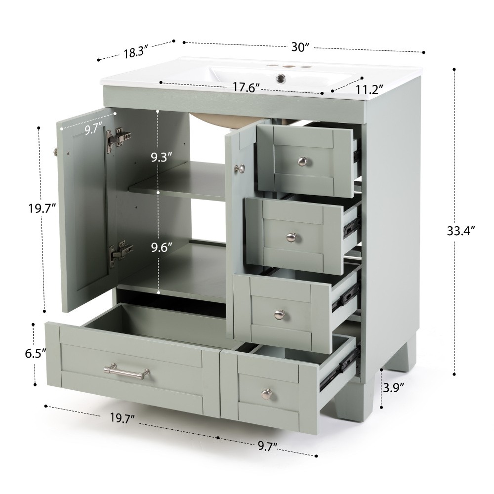 30″ Blue Grey Bathroom Vanity with Ceramic Sink – Soft-Close Drawers