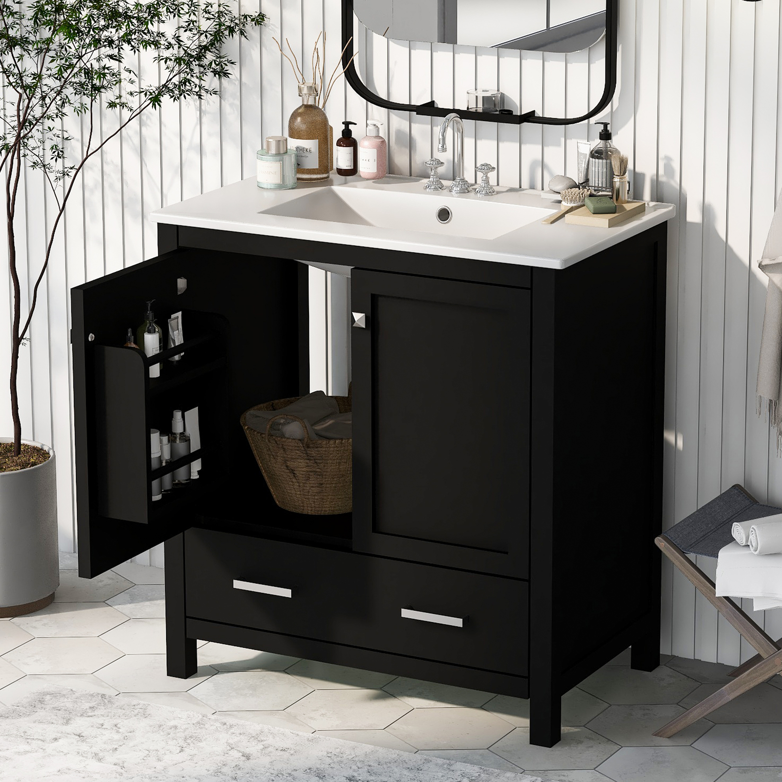 30″ Bathroom Vanity w/White Resin Basin Sink Top with 2 Doors and Big Drawer