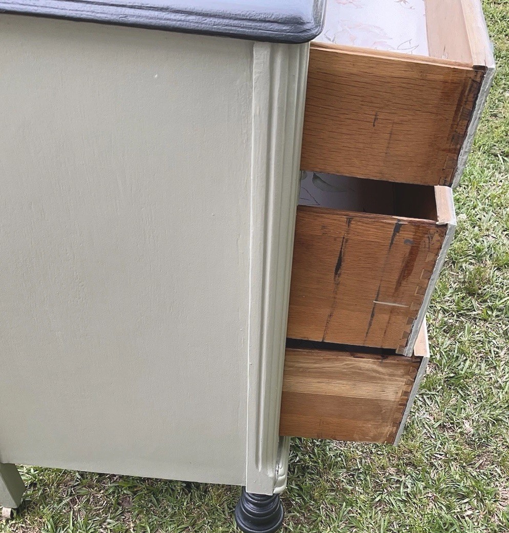 Green & Gray Dresser Repurposed Into Bathroom Vanity With Clear Glass Sink