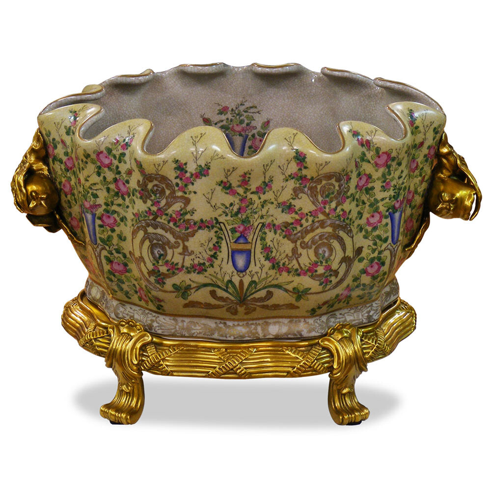 US Seller – 18th Century Ormolu Porcelain Flower Asian Basin