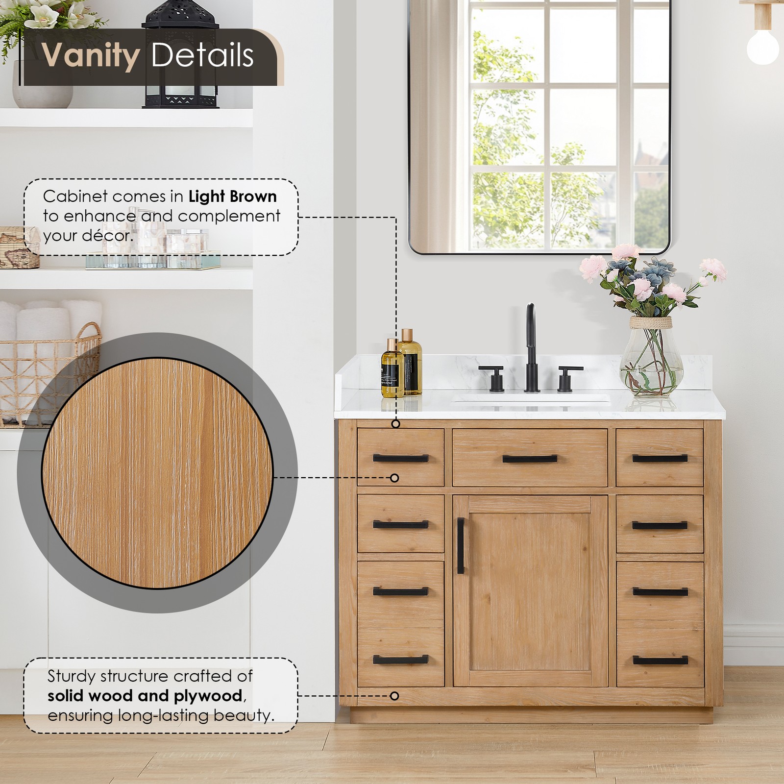 Gavino 42″ Wood Vanity in Light Brown with Composite Stone Top no Mirror