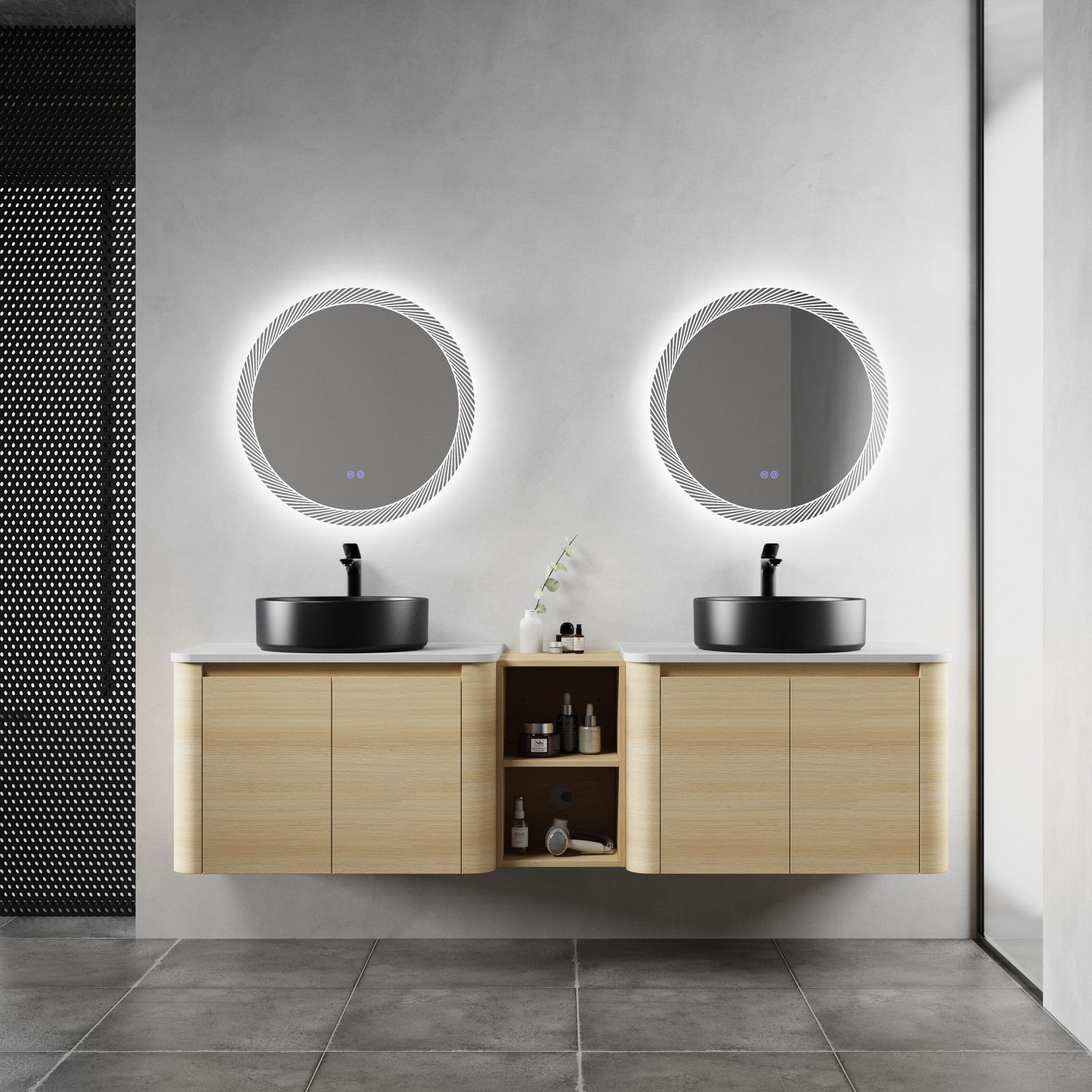 72 in Floating Bathroom Vanity Cabinet 2x Black Ceramic Sink Basin +Open Shelves