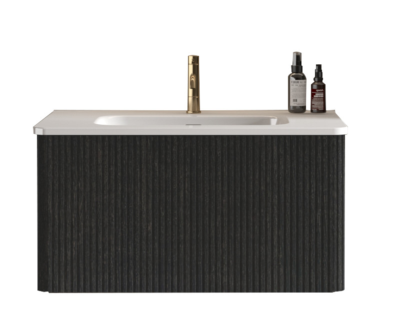 Etna 30″ Brushed Black Oak Floating Bathroom Vanity with White Ceramic Sink