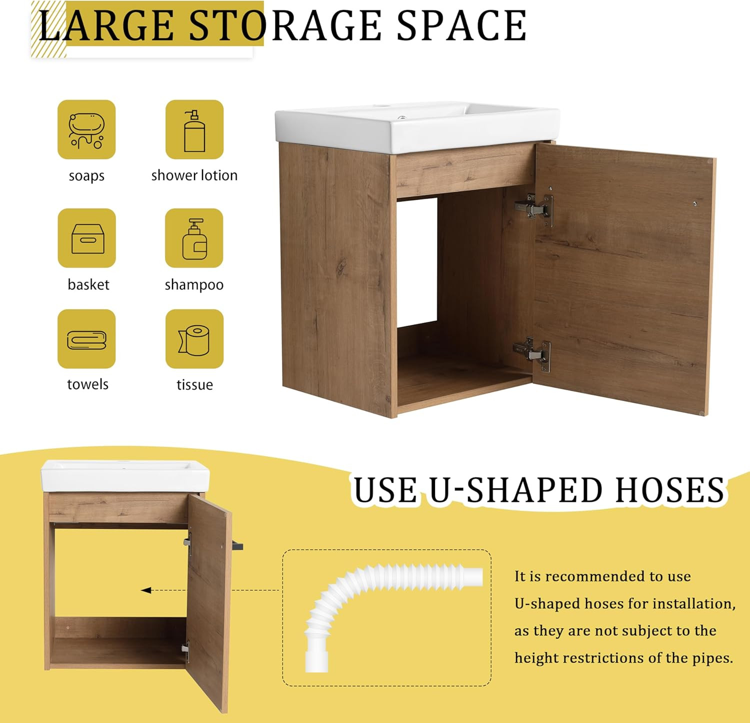 Compact 18” Floating Bathroom Vanity Cabinet with Sink – Imitative Oak Finish