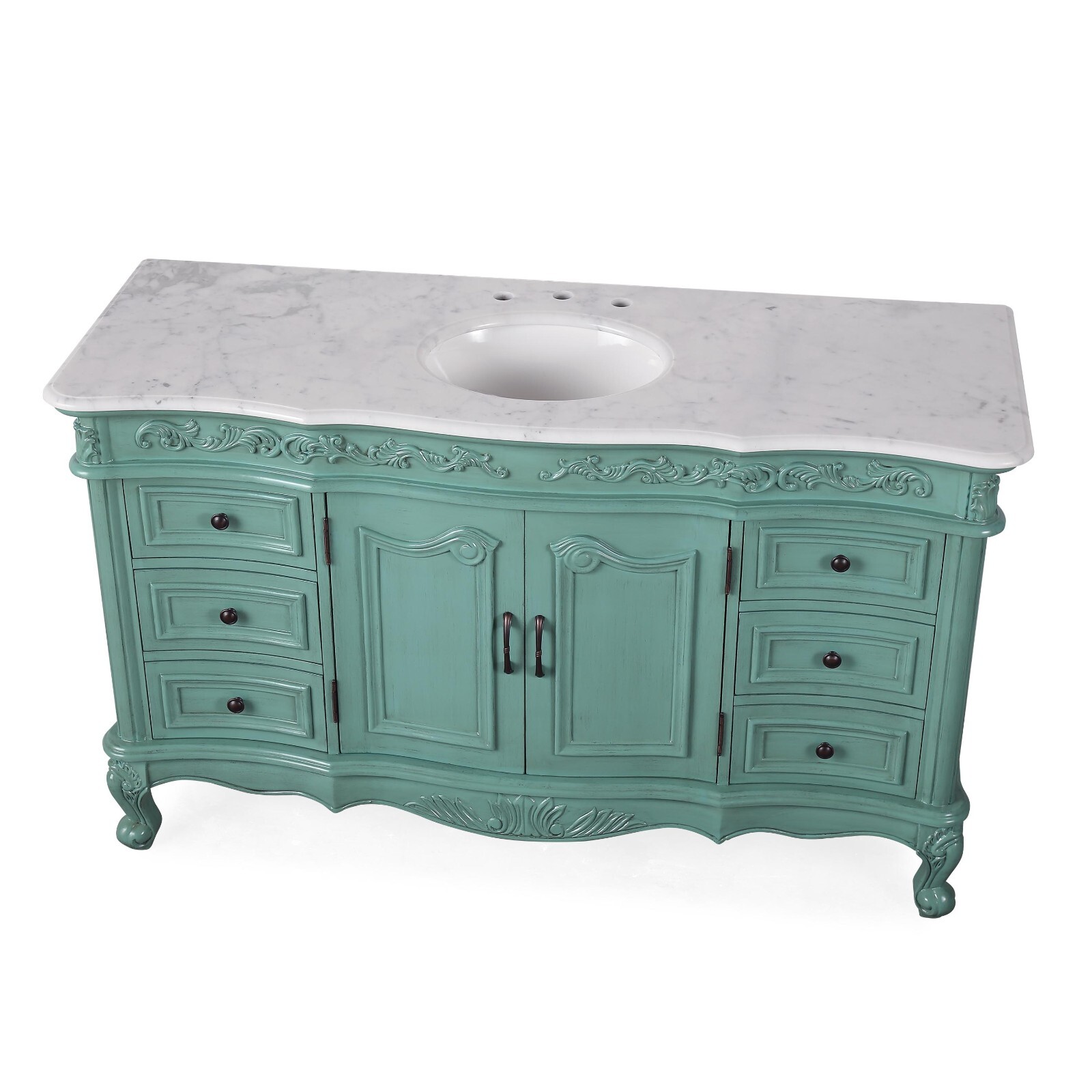 60″ Silkroad Exclusive V0299NW60C Single Sink Carrara Marble Top Green Vanity