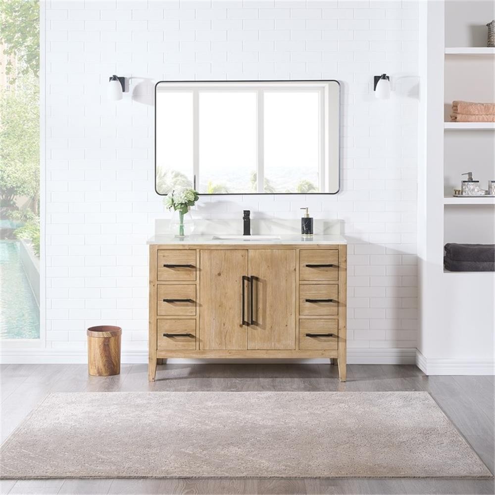 Laurel 48″ Wood Vanity in Weathered Fir Calacatta White Quartz Top with Mirror