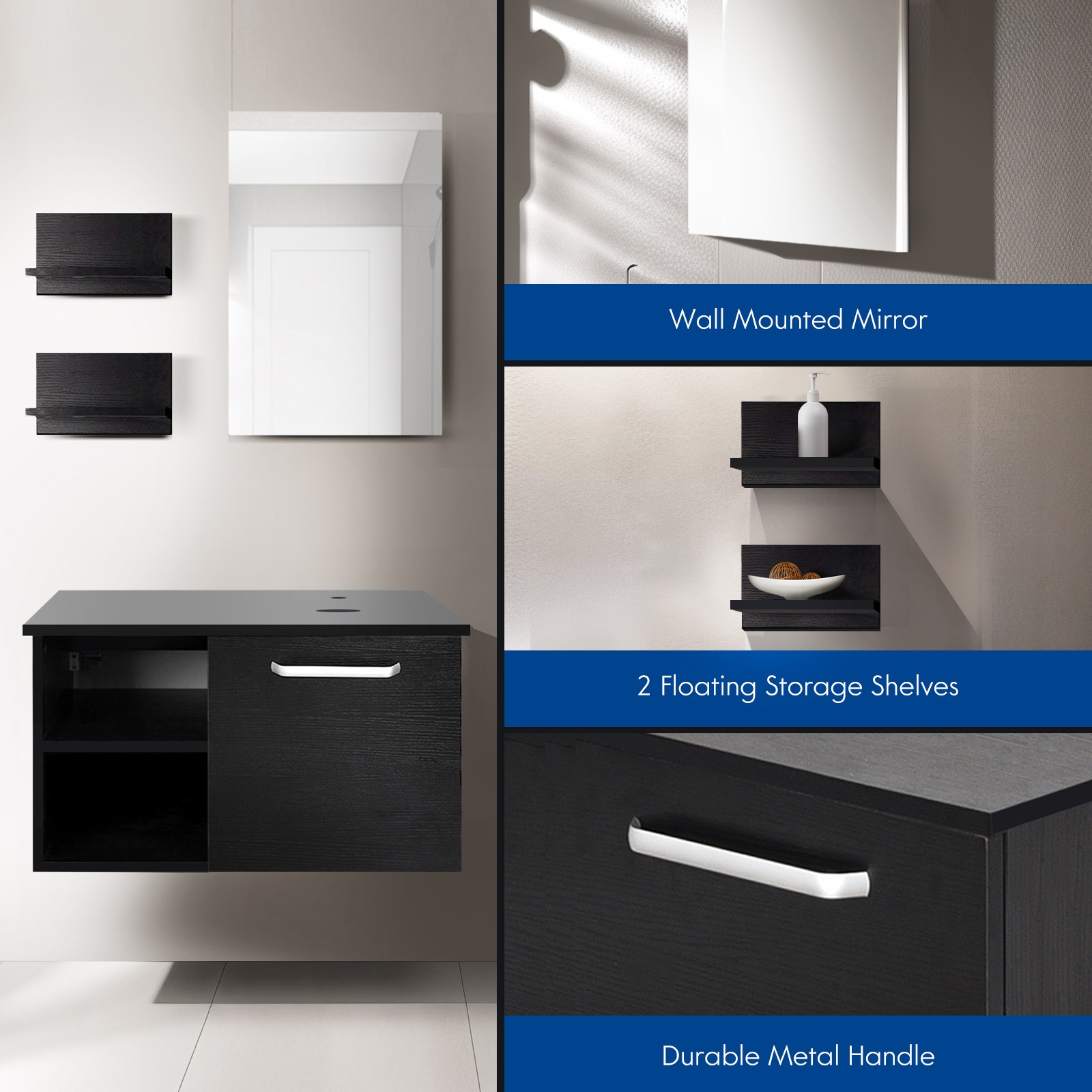 28 in Single Sink Vanity Floating Bathroom Cabinet with Glass Vessel Sink Combo