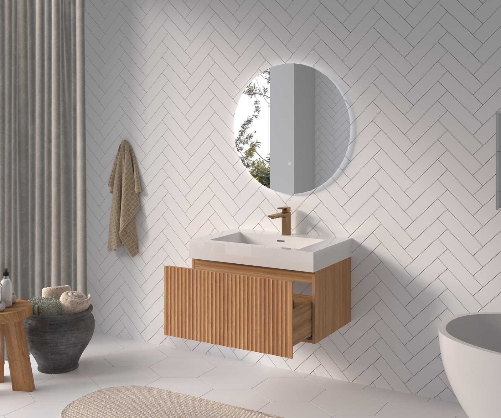 30″ Floating Bathroom Vanity with Integrated Sink, Acacia Plywood Cabinet