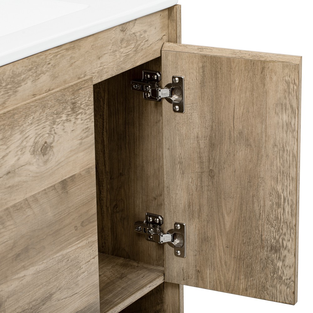 Wooden Bathroom Cabinet Sliding Drawers Ceramic Basin Countertop Open Shelving