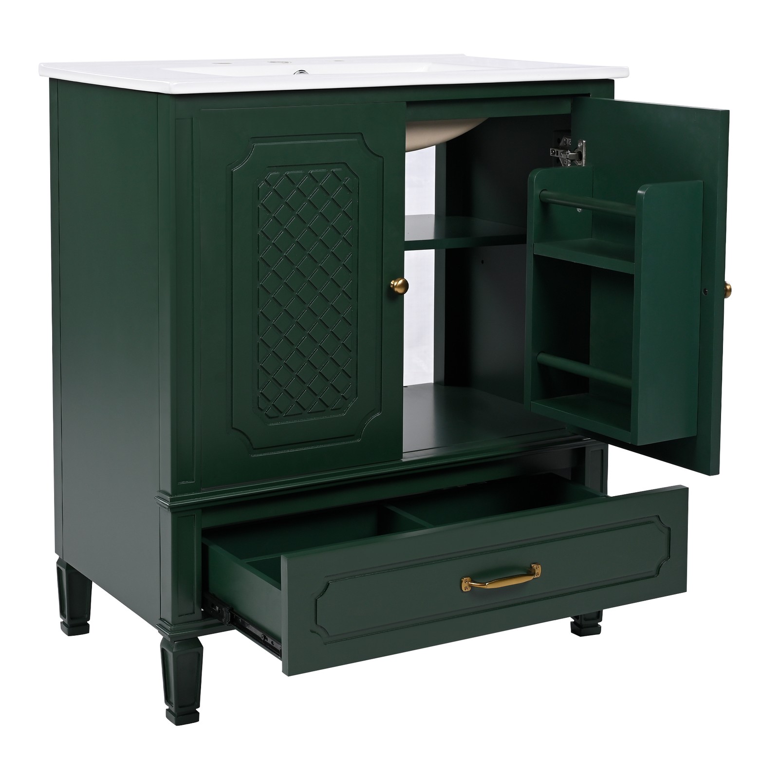 30″ Bathroom Vanity with Ceramic Sink, Green, Soft-Close Door & Drawer