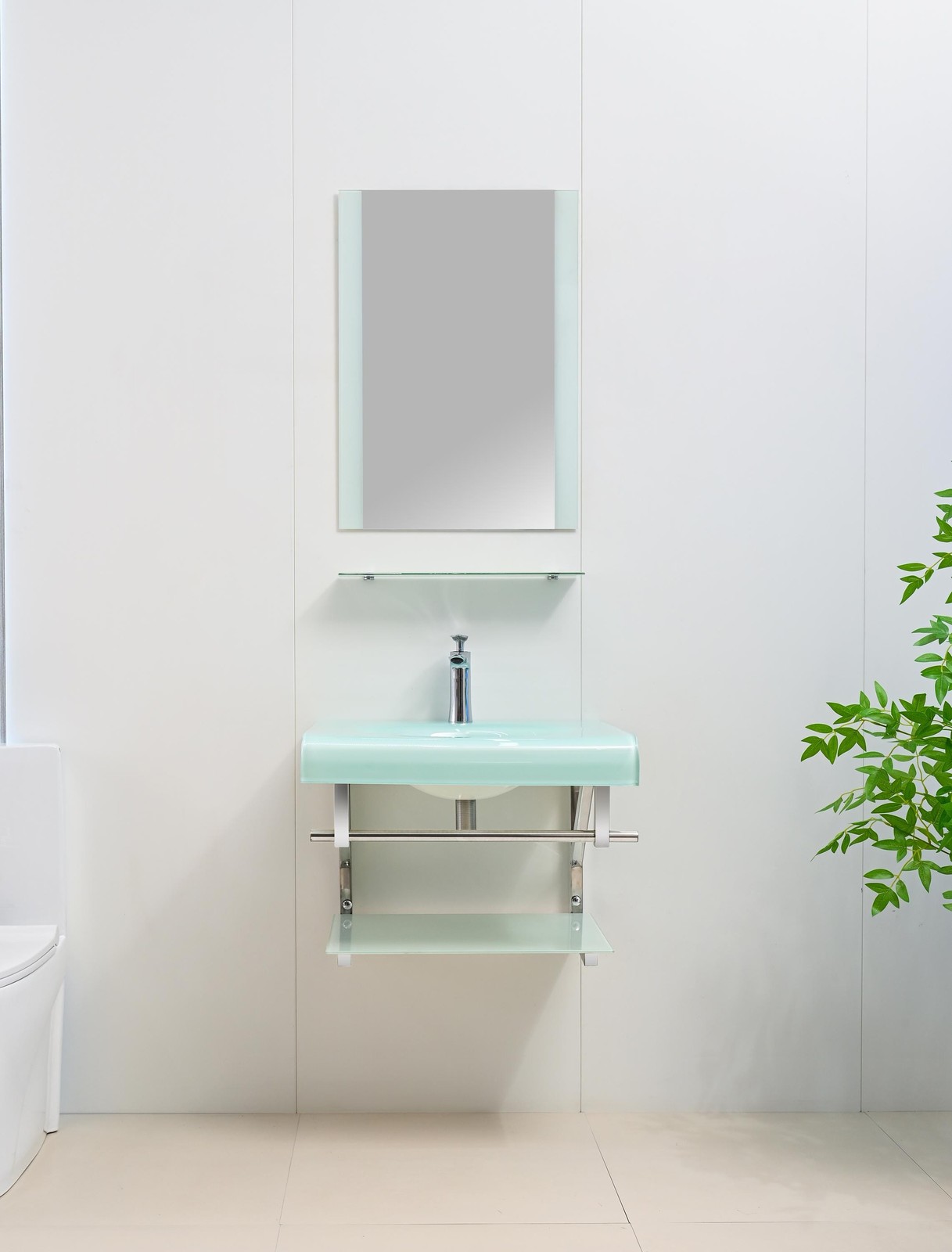 24″ Modern White Tempered Glass Bathroom Vanity Floating Sink Glass top Mirror