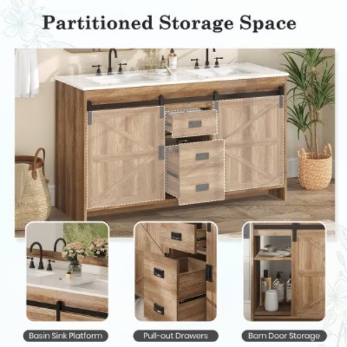 60″ Double Sink Bathroom Vanity, Farmhouse Cabinet With Stone Top Barn Door