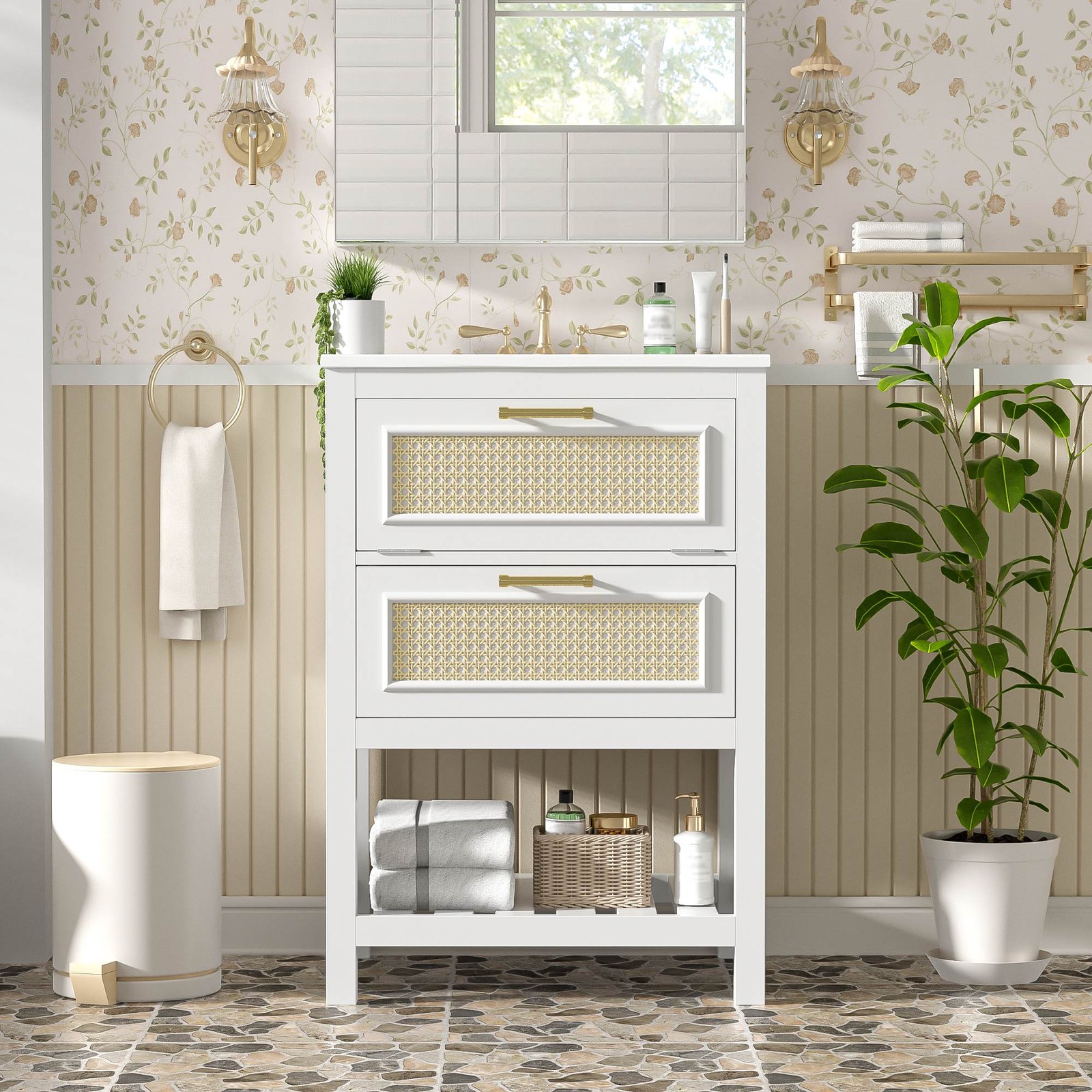 FUNIDEE 24″ Bathroom Vanity with Ceramic Sink Storage Cabinet w/ Tip-Out Drawer