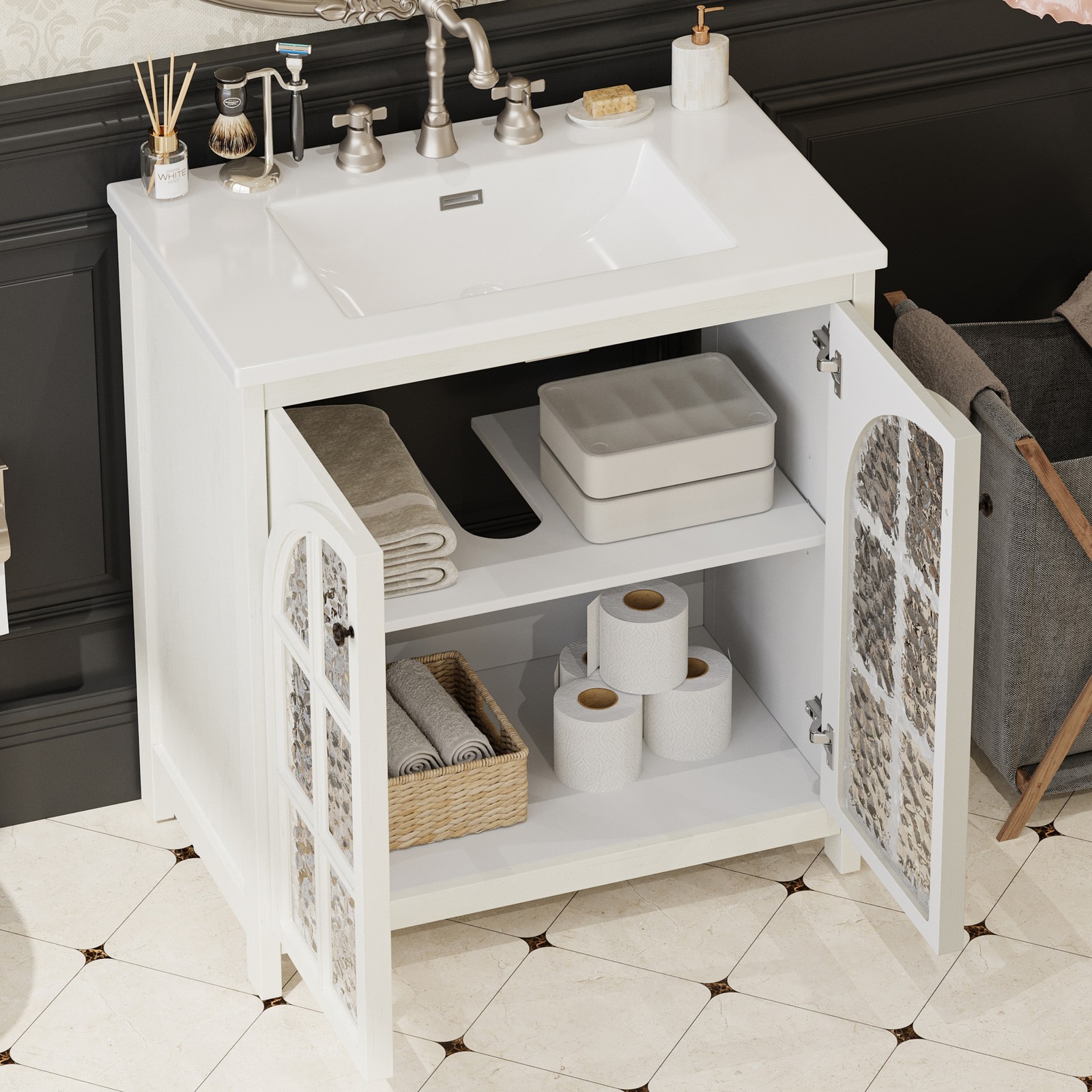 Farmhouse Bathroom Vanity with Ceramic Sink，Storage Cabinet w/Soft-Closing Doors