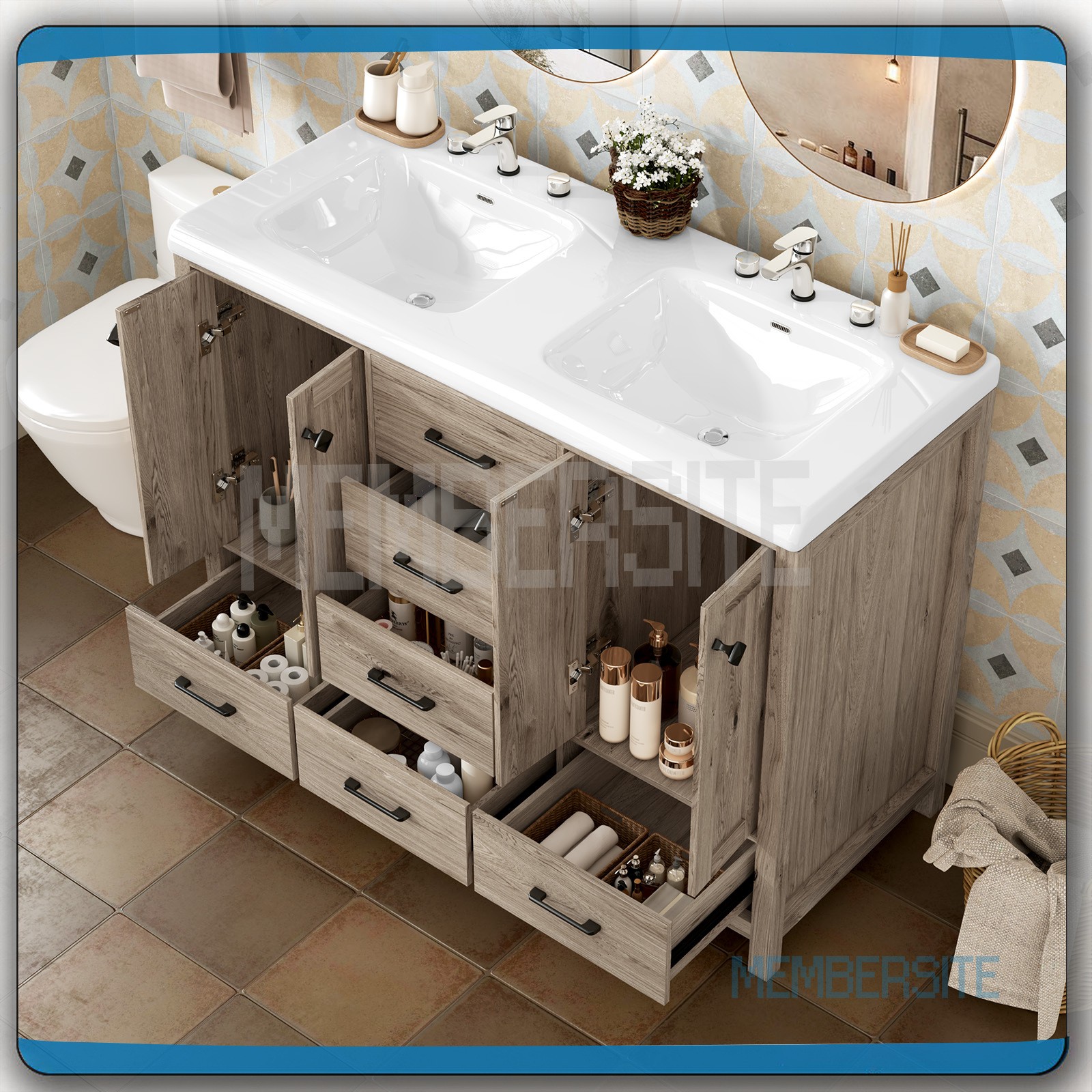 Bathroom Vanity 47.3″ Vanity Top w/Double Sink Ceramic & Drawers Freestanding