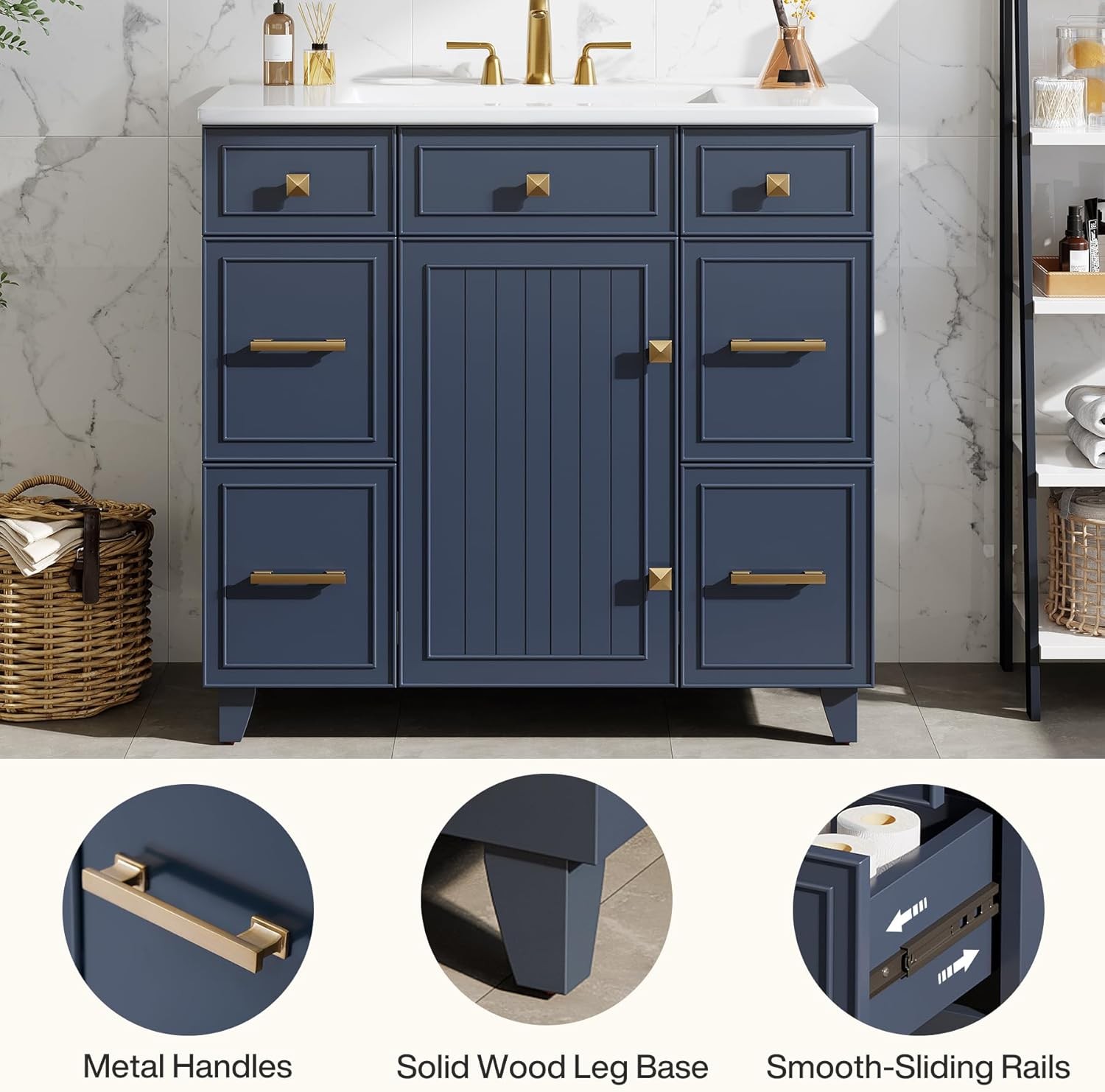 36 Inch Bathroom Vanity with Sink, Modern Bathroom Cabinet w/ 1 Door & 4 Drawers
