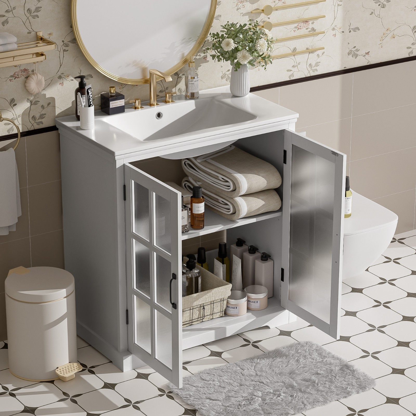 30″Bathroom Vanity with Ceramic Sink and Tempered Blurred Glass & Matte Handles