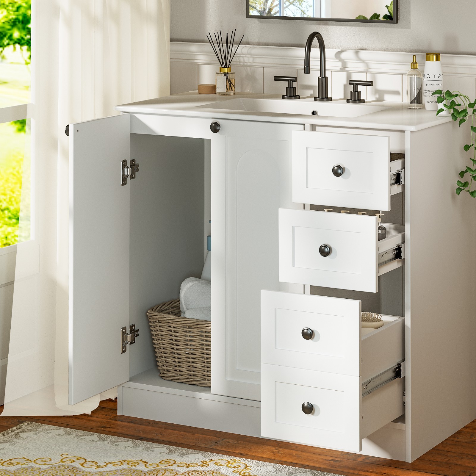 36″ Bathroom Vanity with Ceramic Sink Extra Large Storage with 2 Doors 3 Drawers